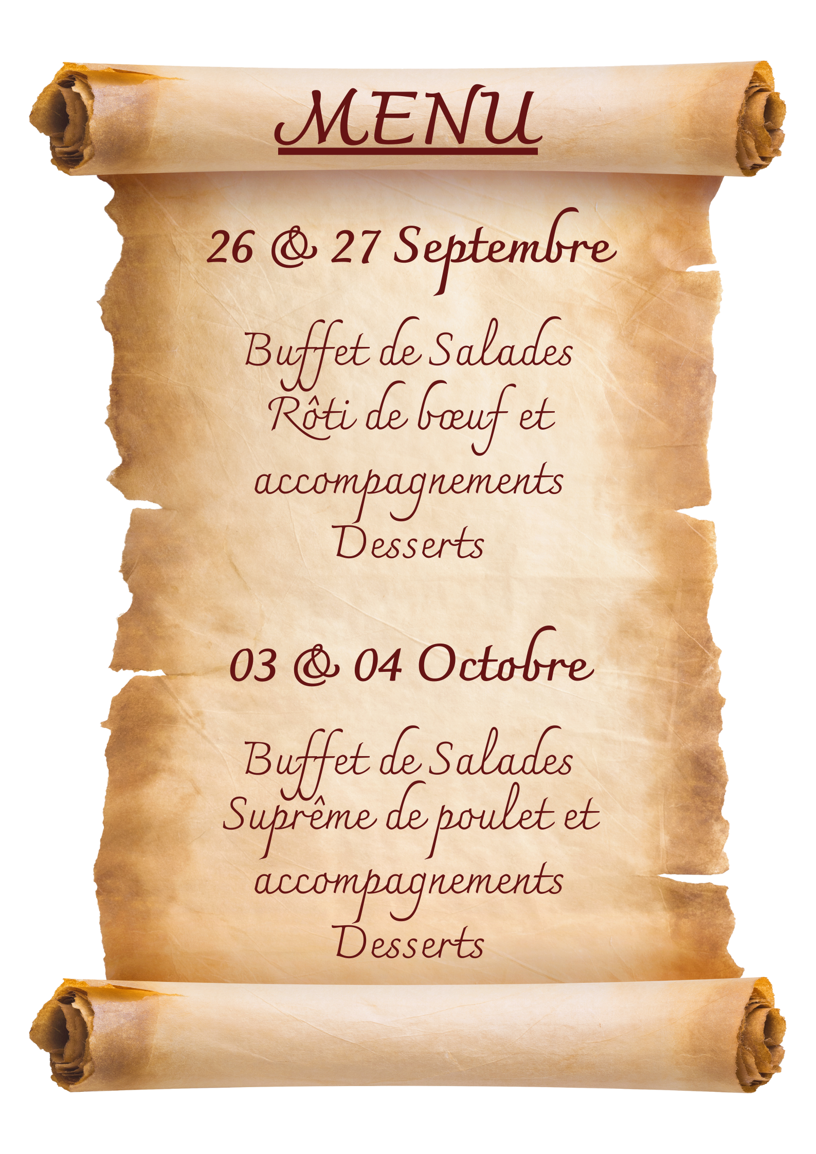 Menu des soirées