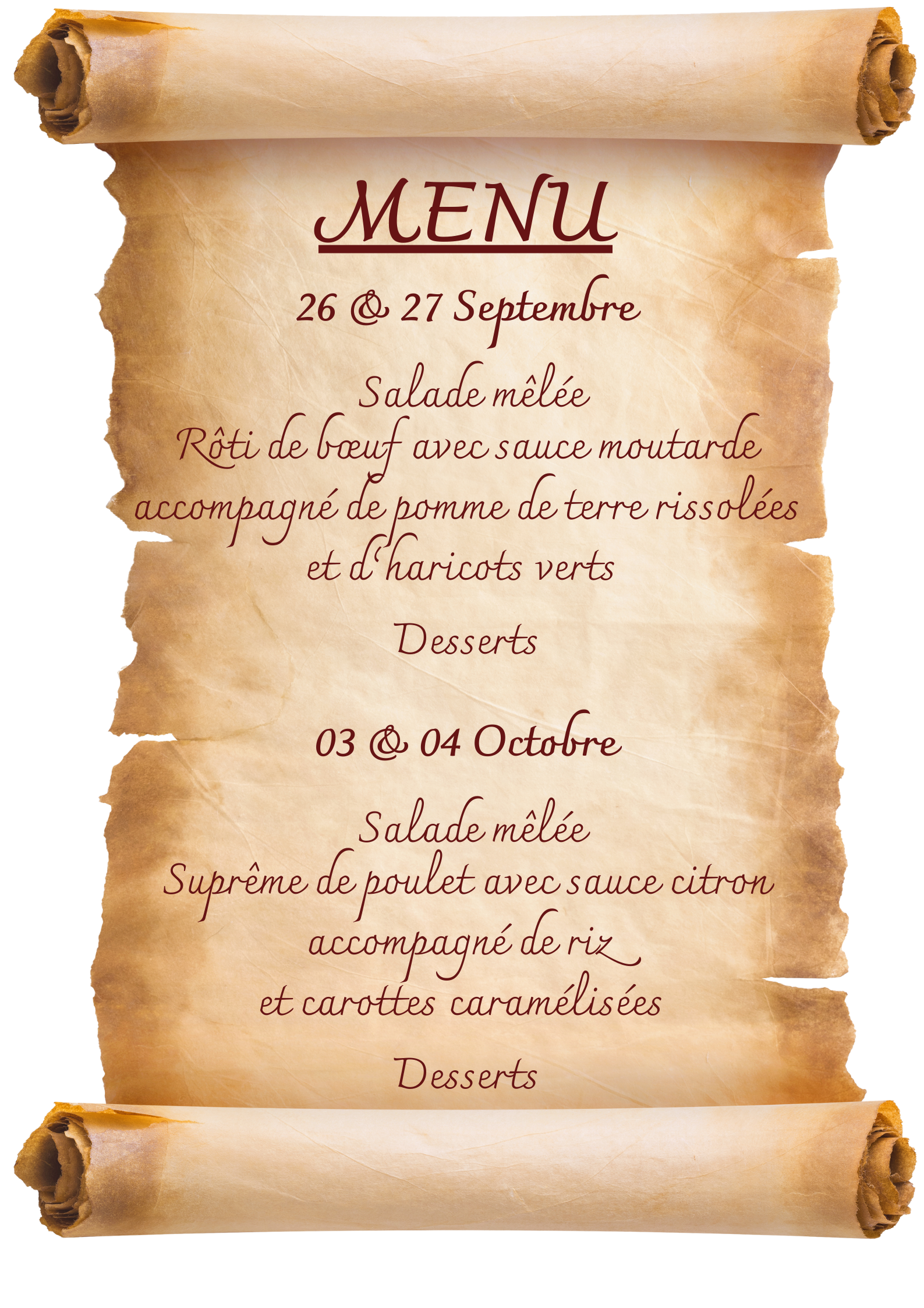 Menu des soirées